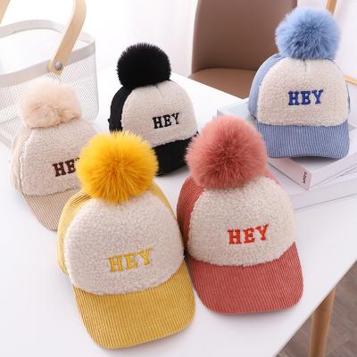 China COMMON Children's Baseball Hat Autumn Winter Fashion Boys Girls Fur Ball Hats Winter Warm Cap For Kids for sale