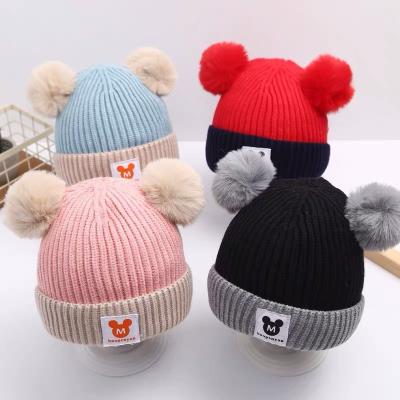 China JOINT Autumn Winter Children's Double Ball Knitted Hat Boy Girl Wool Baby Warm Hat With Scarf for sale