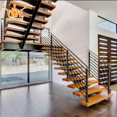 China Modern Stainless Steel Indoor Straight Staircase Handrail Wooden Step Stairs for sale