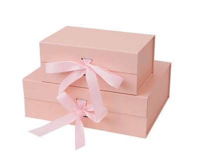 China Recyclable Logo Printed Magnetic Folding Paper Gift Boxes Pink Ribbon Magnetic Packaging Box Custom Flat Pack Gift Boxes for sale