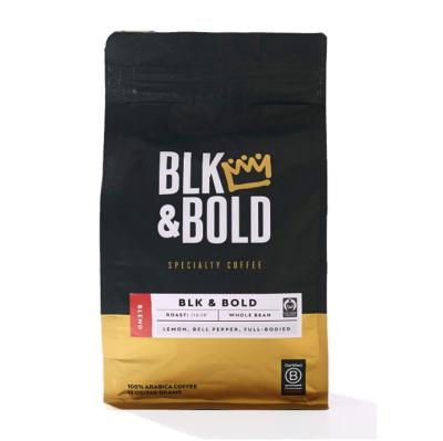 China Recyclable Black And White Coffee Bags With Custom Printed Logo Flat Bottom Aluminum Inside Zipper Bags for sale