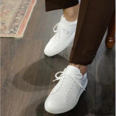 China Fashion Trend Handcrafted Genuine Calfskin Sneakers Panel Leather Stripe Shoes White Casual Shoes For Men Skateboarding for sale