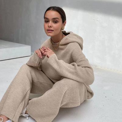 China 2021 Autumn Winter Knit Sweater Knitwear Anti-Wrinkle Two-Piece Wide-Leg Knitted Hooded Women Sweater Suits Set for sale