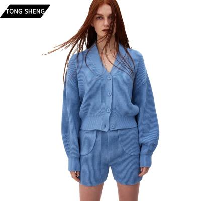 China Tong Sheng Women Knit Crop Wool Rib Knit Cardigan Sweater 2 Anti-wrinkle Lounge Wear Short Pant Two Piece Set for sale