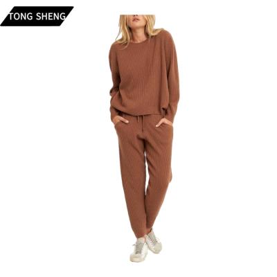 China Tong Sheng Womens 100% Pure Cashmere Set Anti-Wrinkle Long Sleeve O-Neck Pull Over Top Sweater Jogger Cashmere Sweater Pant Set for sale