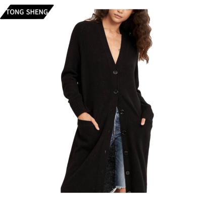 China Anti-Wrinkle Tong Sheng Button-Front Closure Relaxed Sleeves Ribbed Trims Womens Wool Cashmere Cardigan Sweaters Long for sale