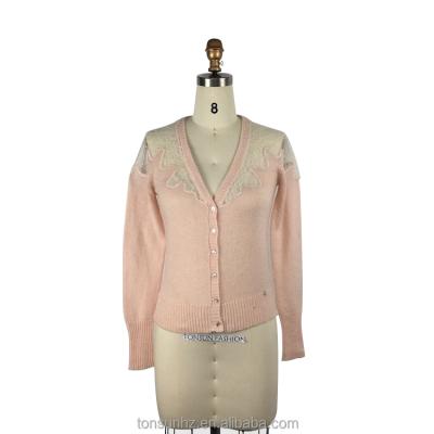 China High Quality Anti-Shrink Ladies Wool Mohair Pink Fancy Lace Applique Cardigan Sweater for sale