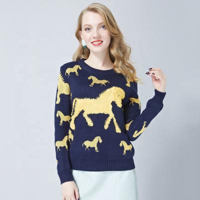 China Chunky Horse Pattern Fashion Anti-Pilling Custom Women Crewneck Knit Sweaters for sale