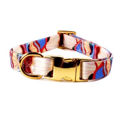 China DETACHED Colorful Ginkgo Leashes Design Metal Gold Buckle Heat Transfer Printing Logo Dog Collar for sale