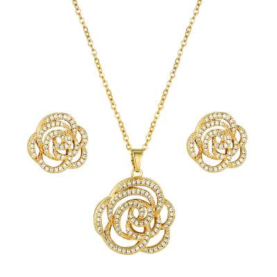 China FASHIONABLE Gold Plated Zircon Flower Pendant WITH CHAINS Jewelry Set Earring Necklace Cross Chain for sale