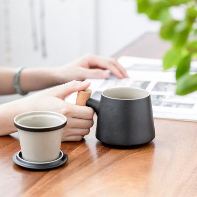 China Viable Creative Wooden Handle Lid Filter Desktop Porcelain Multi Colored Tea Cup Mugs With Infuser White Ceramic Tea Cup for sale