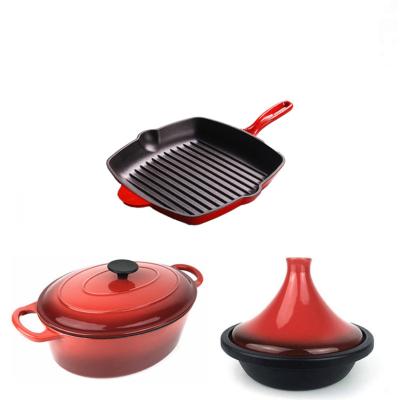 China 2022 Sustainable Superior Modern Non-Hot Factory Color Red Heat Preservation Heat Ceramic Enamel Pan Cast Iron Cookware Pot Set for sale