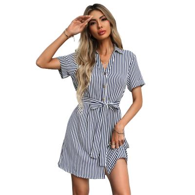 China Anti-Static Stripe Short Dress Women Summer Dress Elegant Short-sleeve Bandage DR10709081 Casual Outfits for sale