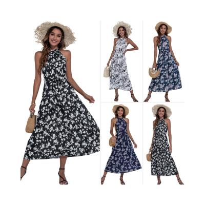 China Black Pleated Floral Print Dress A Line Crew Neck Evening Dresses Dress RD1701081 Sleeveless Anti-Static Maxi for sale