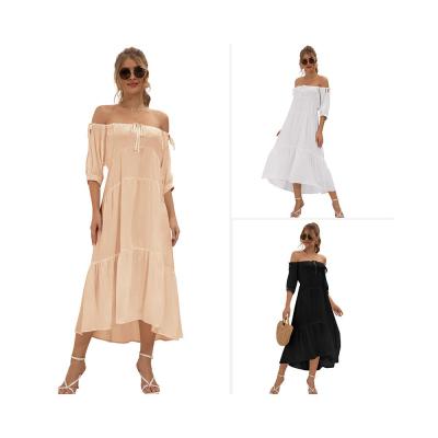 China Solid Color RD1702031 Wholesale Anti-Static Off Shoulder Loose Pleated Dress Long Maxi Dress Dresses for sale