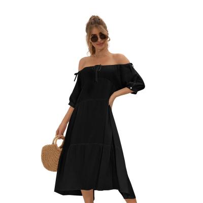 China Wholesale Solid Color RD1702032 Anti-Static Off Shoulder Dress Women Summer Ruched Maxi Dress for sale