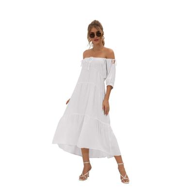 China RD1702035 Wholesale Solid Color Anti-Static Off Shoulder White Maxi Dress Loose Dress Pleated Dresses Women Lady for sale