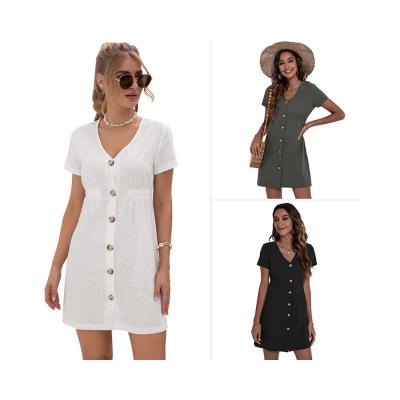 China RD1702041 Solid Color Anti-Static Wholesale V-Neck Dresses Canvas Women Loose Elegant Formal Dress Korean Casual White Dress for sale