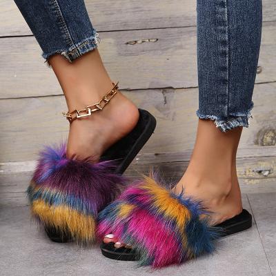 China Fashionable Furry Open Toe Flip Flops Colorful Slippers Pantuflas Para Mujer Designer Newest Fashion Trend Women Warm Popular Luxury Fur Slides for sale