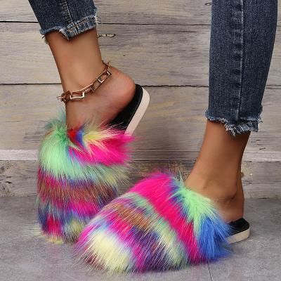 China New Fashion Trend Fashion Faux Fur Ladies Fur Slippers Luxury Comfortable Plush Slippers Party Wholesale Colorful Fluffy Chinelos Feminino For Women for sale