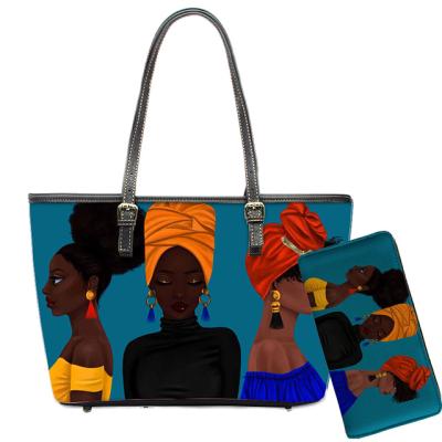 China Normcore/Design Minimalist Stylish Handbags Set Art African Girls Print Custom Ladies Fashion Handbags Reusable PU Leather Handbags For Women for sale