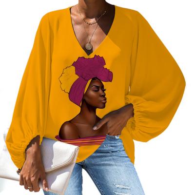 China Anti-pilling Afro black women printed summer fashion long sleeved blouse beach wear soft v-neck custom women's breathable clothing for sale