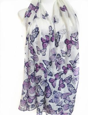 China Low MOQ Fashion Lady Large Size Polyester Spring Purple Butterfly Scarf Shawl for sale