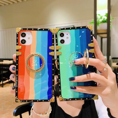 China Fashion Rainbow Women Metal Corners TPU Soft Anti-drop Cell Phone Case For iPhone 13 12 11 Pro Max Mobile Cover With Ring Stand Holder for sale