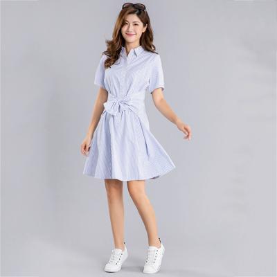 China Breathable Women Striped Shirt-Collar Formal Dress Fashion Skirt O-Neck Shortsleeve Casual Summer Maxi Dress for sale