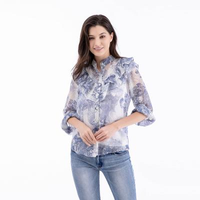 China PU Lightweight Casual Tops Comic Collar Printing Women Blouse Tops Anti-wrinkle Qingpu Long Sleeve Tops For Women for sale