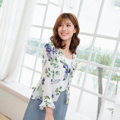 China Soft/Not Easy Knitting Elegant Floral Blouse Fashion Korean Woven Fabric Long Sleeve Tops White Blouse Office Ladies Blouses for sale