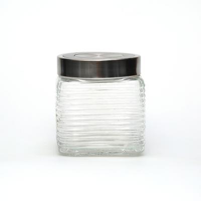 China Wholesale High Quality Glass Jar Freshness Storage Square Glass Food Canister With Metal Lids 650ml for sale