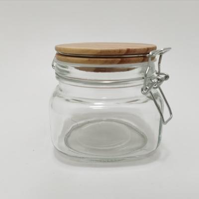 China Wholesale 500ml Square Airtight Glass Storage Jar Freshness Preservation With Wooden Clip Top Lid for sale