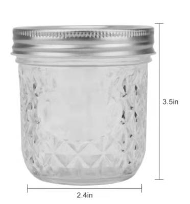 China Freshness Preservation 8oz Wide Mouth Mason Jar Diamond Design With Metal Lid for sale