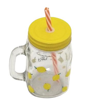 China Wholesale 450ml Freshness Preservation Lemon Pattern Glass Mason Jar For Beverage With Lid And Straw for sale