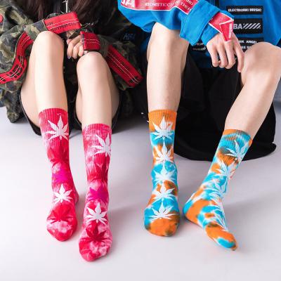 China New Breathable Cotton High Socks Mens Womens Colorful Tie Dye Maple Leaves Athletic Sports High Crew Socks for sale