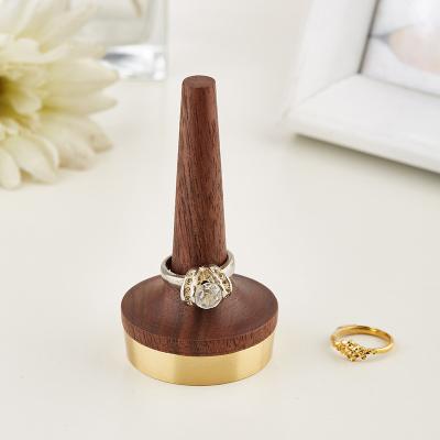 China Solid Wood Wooden Stocked Ring Stand Ring Display Rack Ring Holder Brass Three-Dimensional Cone Black Walnut Stand Ornament for sale