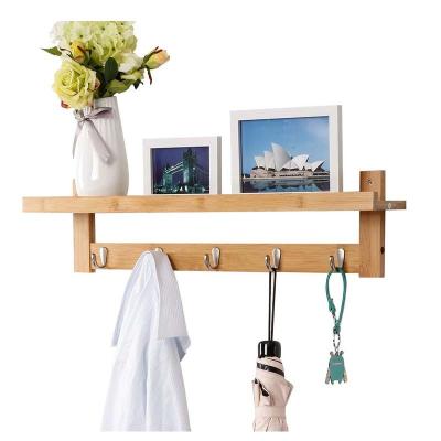 China Europe mounted bamboo wooden coat hook coat rack and hook rack with 5 metal hooks and top shelf for sale