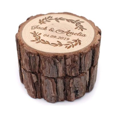 China Eco-Freindly Personalized Rustic Customize Logo Nature Texture Wooden Ring Box For Weddings for sale