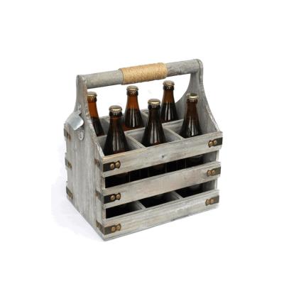 China Antique Gray Decorative Household Carrier Wooden Sustainable Beer Cart With Bottle Opener for sale