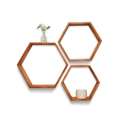 China Sustainable Modern Simple Hexagon Set 3 Decoration Home Wall Hanging Plant Shelf Wood for sale