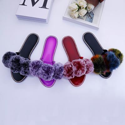 China 2021 fashion new color wool sandals with faux stone chain flat bottom ladies fur home slippers for sale