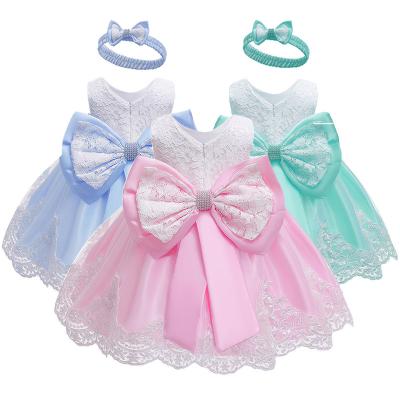 China Summer Breathable Cute Babies One Year Old Lace Dresses Bowknot Babies First Princess 1 Birthday Party Tutu Dress For Kids for sale