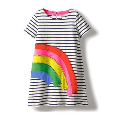 China Anti-wrinkle 2021 New Style Spring Clothes Rainbow Print Striped Plain Cotton Dresses Kids Baby Dress For Girls for sale