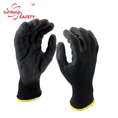 China SRSAFETY Black Flexible Polyester PU Coated Gloves Work Gloves Aerospace Gloves for sale