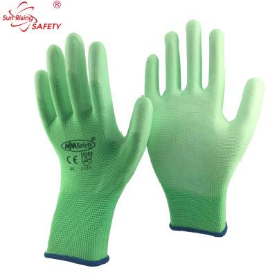 China Electronic Set SRSAFETY 13 Gauge Hi-Viz Green Polyester Coated EN420 High Performance PU Safety Gloves for sale