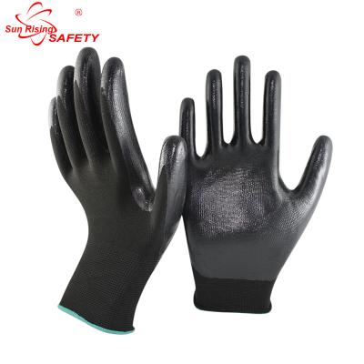 China Smooth Nitrile Finish SRSAFETY EN388 3121X Polyester Coating Black Nitriles On Palm Protective Gloves for sale