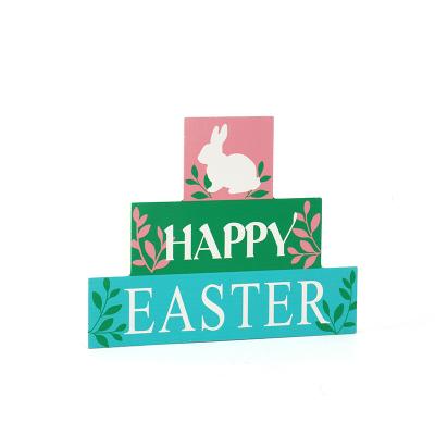 China Happy Easter Decoration Bunny Wooden Easter English Alphabet Pattern Wooden Desk Sign Easter Home Decoration Pattern Block for sale