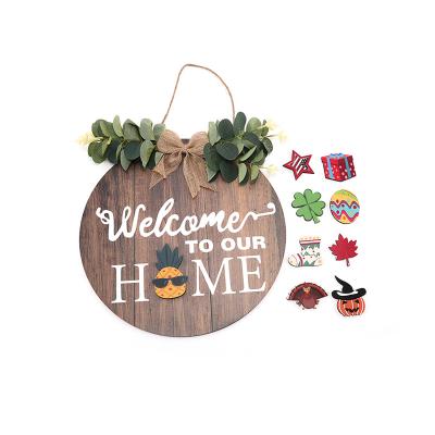 China Welcome Sign Front Door Rustic Round Wood Home Decor Braids Outdoor Door Sign Home Porch Wall Farmhouse Hanging Decorations for sale