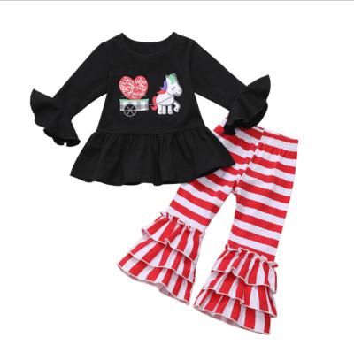 China Casual Kid Clothes Long Sleeve Ruffled Tops Baby Girl Double Ruffle Drop Top Boutique Clothing Sets for sale